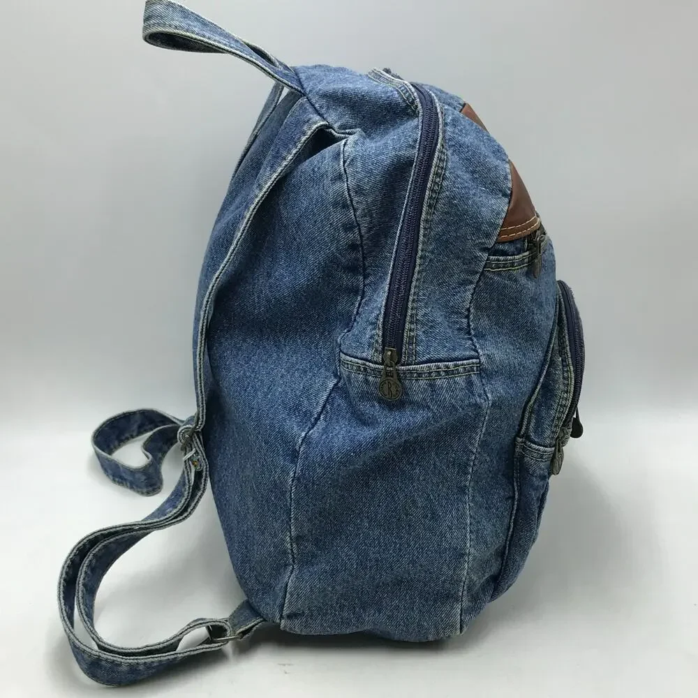 Vintage Riders Blue Jean Denim Backpack Leather Accents Utility Book Bag 90s
